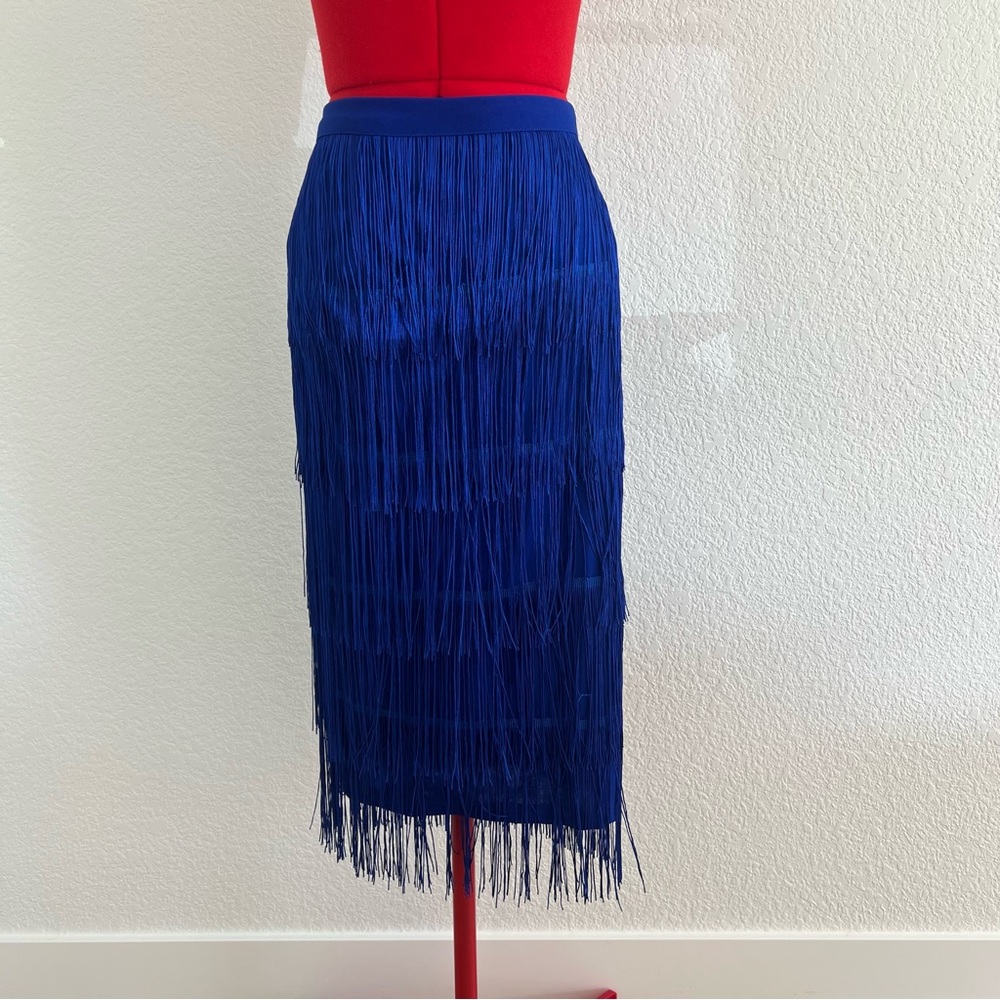 NWT Blue Midi Fringe Tiered Skirt Size Small